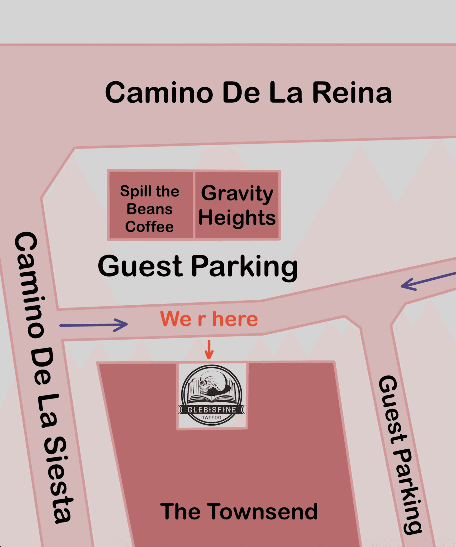 GlebIsFineTattoo Studio Location Map - 5075 Camino De La Siesta, San Diego, CA. Located across from Spill The Beans Coffee Shop with guest parking available.